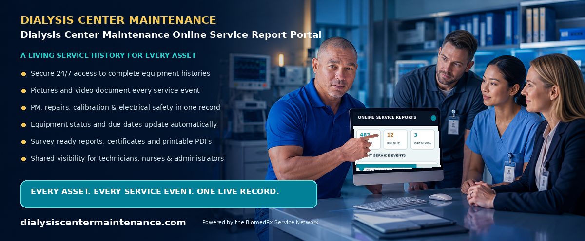 Dialysis Center Maintenance Online Service Report Portal โ every service event, live in your secure online report portal; view a sample report